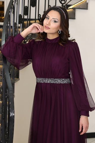 Alia Şık Taş Detaylı Büyük Beden Tesettür Abiye - Alya Mürdüm