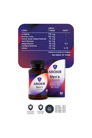 Aroxir Men's Choice Erkek Sağlığı Aronya L-Arjinin Weed Noni Magnezyum Turnera ve Çinko 60 Tablet