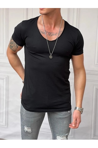Modefendi Slim Fit Derin Açık Yaka Pamuklu Tshırt Siyah