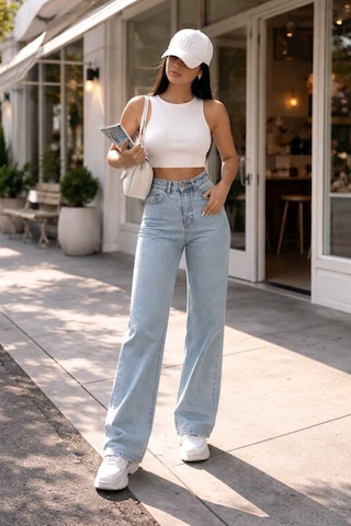 Woddi Ela Mavi Kar Yıkama Likralı Süper Yüksek Bel Salaş Paça Jeans Palazzo Pantolon Taş1
