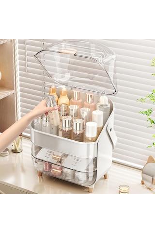 Makyaj Kozmetik Organizeri Şeffaf Kapak 2 Çekmeceli Kozmetik Düzenleyici Organizer Krem