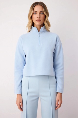 Benerly Kadın Dik Yaka Düşük Kol Fermuarlı Regular Kalıp Örme Sweatshirt Mavi