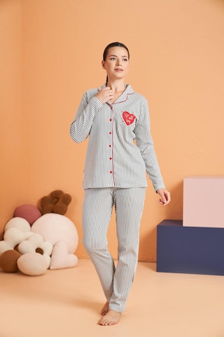 Pjs Kadın Önden Düğmeli Gömlek Yaka Çizgili Uzun Kollu Pijama Takım gri