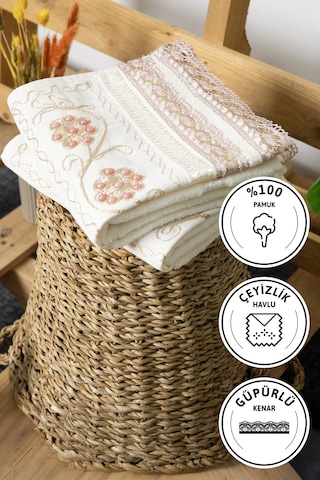 %100 Pamuk Güpürlü Çeyizlik 2'li Havlu 50x90 - Pudra Pudra