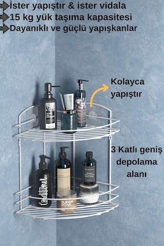 Teknotel Banyo Düzenleyici Şampuanlık Sabunluk 2 Katlı Yapışkanlı Banyo Duş Rafı Beyaz St032 Beyaz