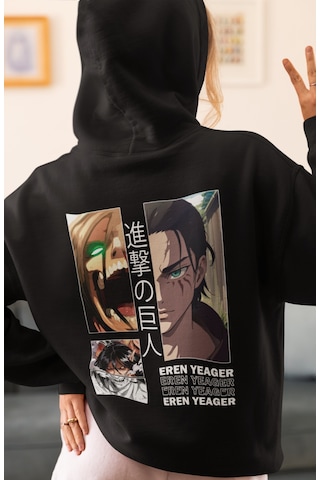 Sevbano Eren Yeager Attack On Titan Anime Sırt Baskılı Unisex Oversize Pe Siyah