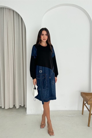 Femelle Kadın Sweat Denim Patchwork Elbise Oversize Cepli Büzgülü %100 Pamuk Spor Elbise Lacivert