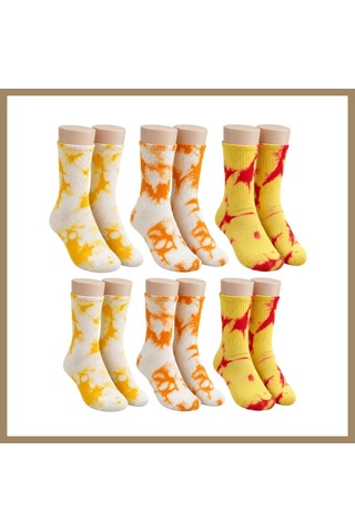 Kahveci.store Unisex Batik Desenli Çorap 6'lı Set Pamuklu Renkli Uzun Soket Dikişsiz Nefes Alan Günlük Spor Çorabı 22 Çok  Renkli