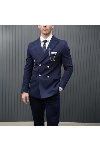 Beystil Sivri Yaka Lacivert Kruvaze Takım Elbise Petek036 - Slim Fit Lacivert