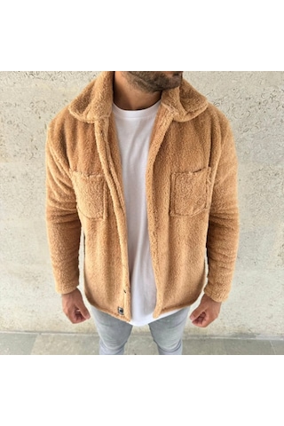Erkek Pelüş Polar Hırka Gömlek Yakalı, İlik Düğmeli, Göğüs Cepli, Yumuşak Dokulu Kışlık Regular Fi Açık Kahve