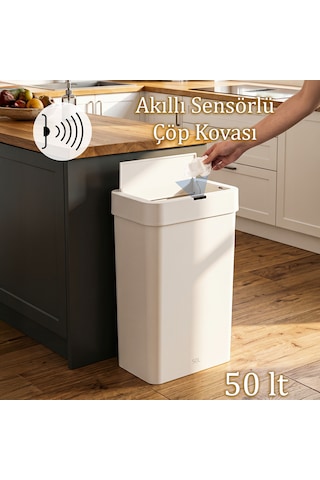 Porsima Me-05 Hareket Sensörlü Sessiz Kapatma Çöp Kutusu Banyo Mutfak Çöp Kovası Kapaklı Banyo Çöp Kovası 2 Adet Aa Pil Beyaz 50lt