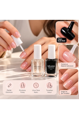 Milano Beautys Siyah Oje & Şeffaf Parlatıcı Oje 2 Li Set Parlak Ve Bakımlı Görünüm