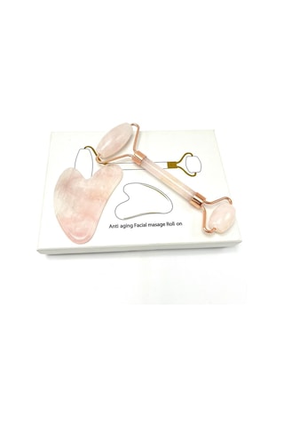 Yıldız Doğal Taş Sertifikalı Pembe Kuvars Roller + Gua Sha Doğal Taş Masaj Aleti