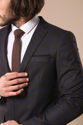 2 Düğmeli Kareli Kahverengi Erkek Ceket - Wessi Kahverengi