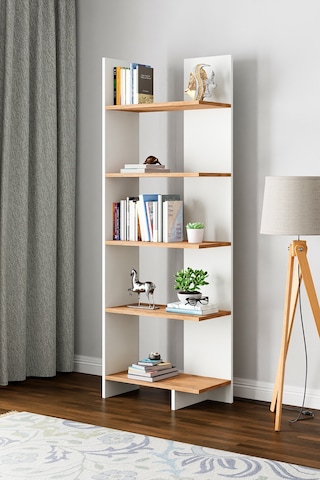 Asimetrik Beş Raflı Kitaplık Beyaz- Atlantik Çam