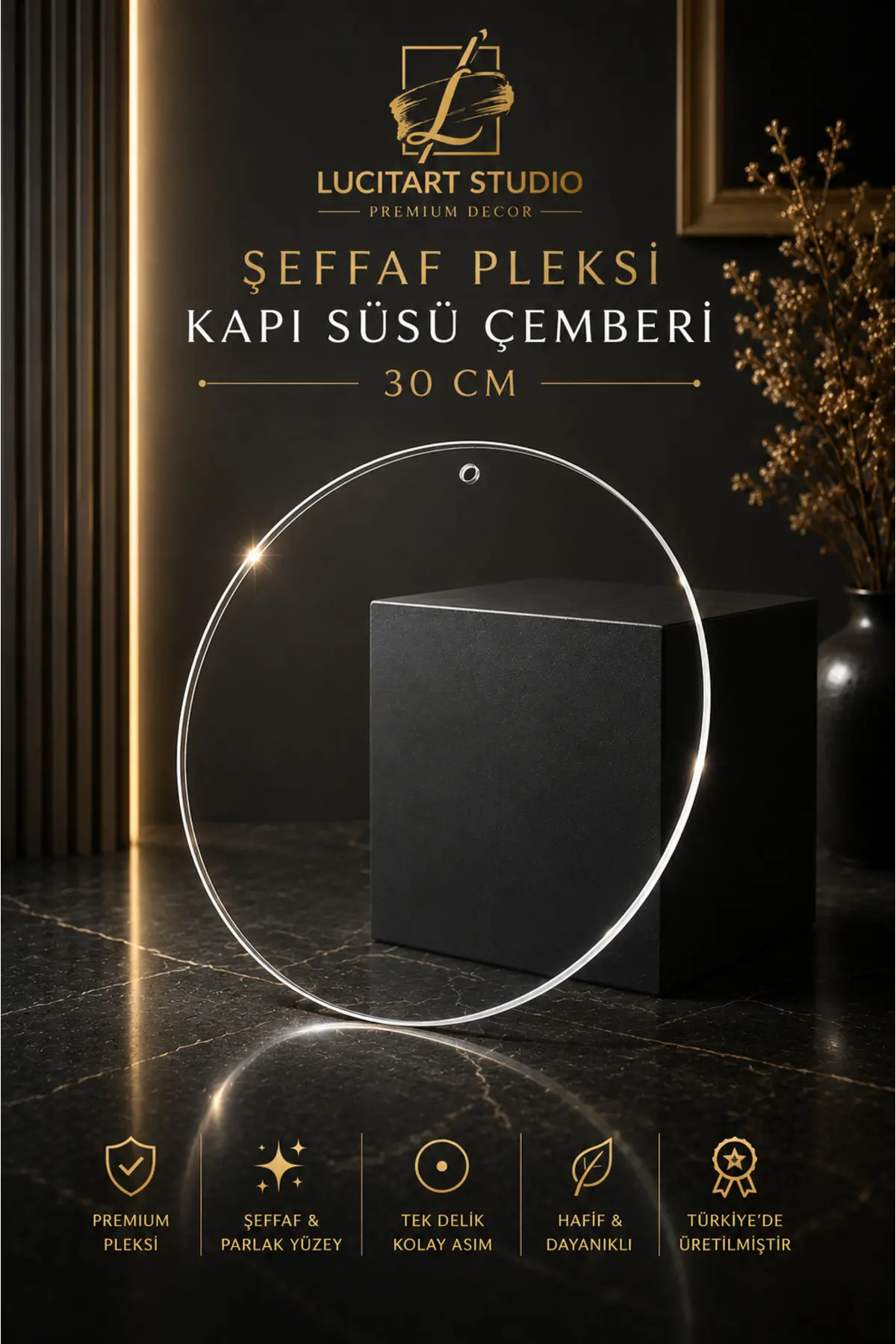Studio Şeffaf Pleksi Çember 30 Cm 2mm Kalınlığında Kapı Süsü & Dekor Tasarım Halkası Kapı Süsü Çemberi Delikli Yuvarlak Boş Pleksi 30 x 30 CM