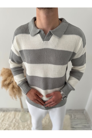 Say-Has Fashion Rahat Kalıp Erkek Polo Yaka Çizgili Triko Kazak Gri