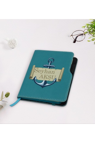 Kişiye Özel Çapa Tasarımlı Turkuaz Termo Deri Defter-3 Turkuaz
