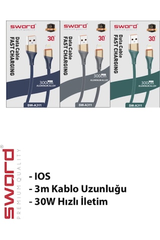 Sword 3 Üç Metre Apple Uyumlu iOS iPhone Hızlı Şarj Ve Data Kablosu