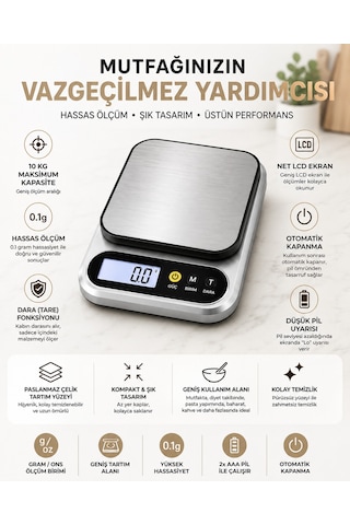 10 Kg Dijital Hassas Mutfak Tartısı - Lcd Ekranlı, Paslanmaz Çelik Tartım Yüzeyi, Dara Tare Fonksiyonlu, Gram & Ons Ölçüm, 2x Aaa Pilli Açık Gri