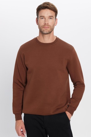 Tudors Unisex Relax Fit Rahat Kesim Pamuklu 3 İplik İçi Polarlı Basic Kahverengi Bisiklet Yaka Sweatshirt-31940 Kahverengi