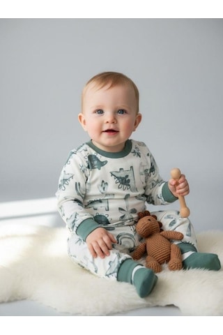 Zekids Erkek Bebek Pamuklu Dinazor Desenli Pijama Takımı-16268 Yeşil