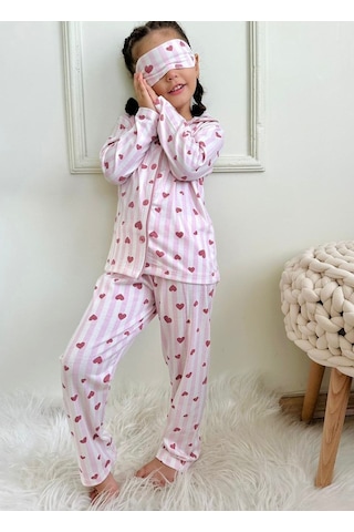 Kız Çocuk Gömlek Yaka Düğme Kapamalı Pijama Takımı Çizgili Kalp Desen Toz Pembe Renk Pembe