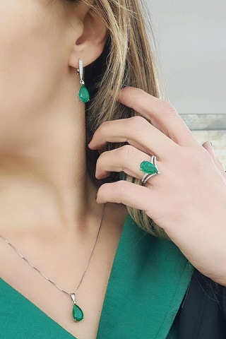 Sky Diamond Green Creative Rubies Zümrüt Set Takım Gümüş