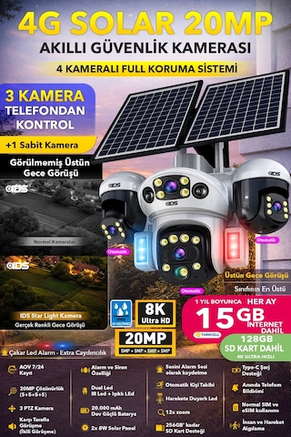 20mp 3 Hareketli 4 Kamera Sım Kartlı 4g Solar Güneş Enerjili Güvenlik Kamerası Sd Kart İnternt Dahil