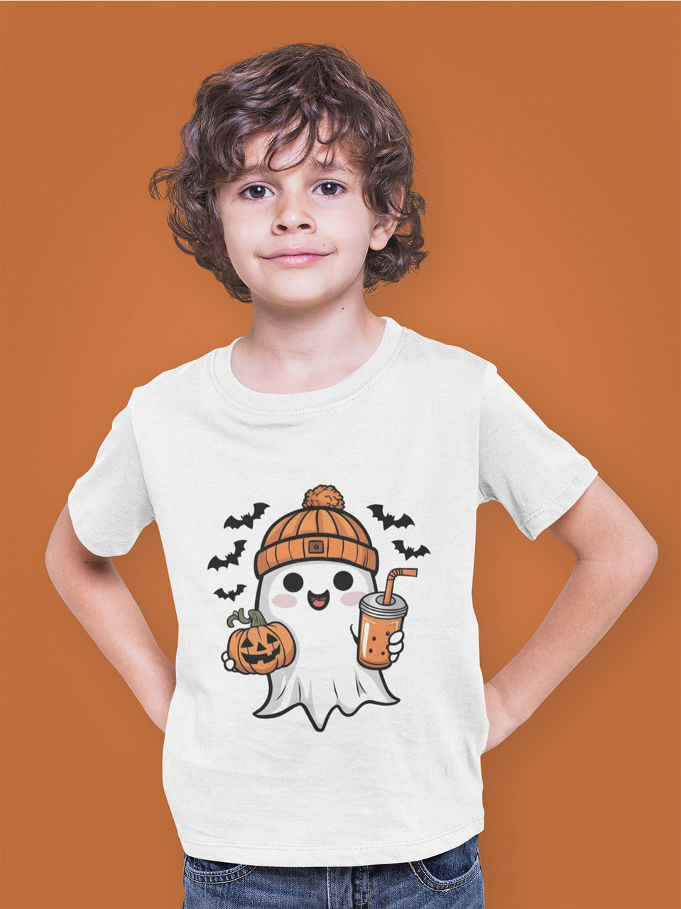 Bumeta Sevimli Hayalet Baskılı Cadılar Bayramı Halloween Çocuk Tişört T-shirt Beyaz