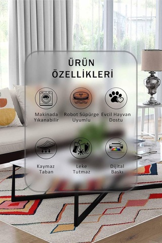 Krem Halı 1103 - Yıkanabilir, Kaymaz Taban, Dijital Baskılı, Leke Tutmaz, İnce Hav, Modern Salon, Oturma Odası, Ya Çok Renkli