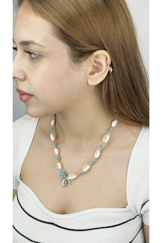 Midye Kabuklu, Mavi Boncuklu, Yaz Kolyesi 393, Altın Renk Çok REnkli