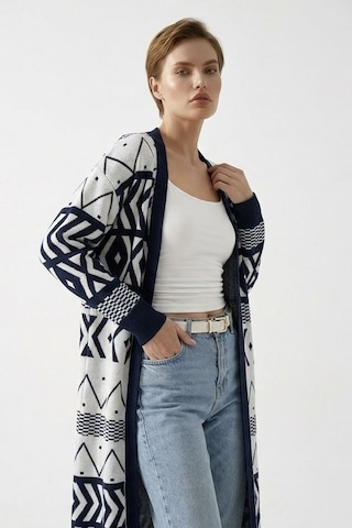 Neden Tekstil Kadın Oversize Triko Uzun Hırka Geometrik Desen - Beyaz-laci