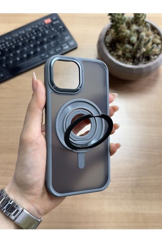Apple Uyumlu iPhone 15 Standlı Ve Yüzüklü Magsafe Kılıf Soocase721 Gri