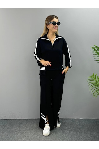Defymoda Kadın Polo Yaka Paça Yırtmaçlı Ribanalı İkili Takım Siyah