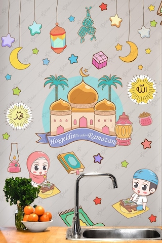 Hoşgeldin Ramazan Cami Ve Renkli Ramazan Ayı Figürleri Cam Duvar Kapı Dolap Sticker Seti Çok Renkli