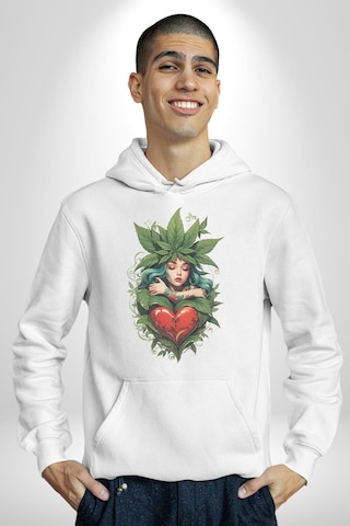 Kalp Parmak Kız Yeşillik Mutluluk Kadın Erkek Beyaz Kapüşonlu Sweatshirt Hoodie Beyaz