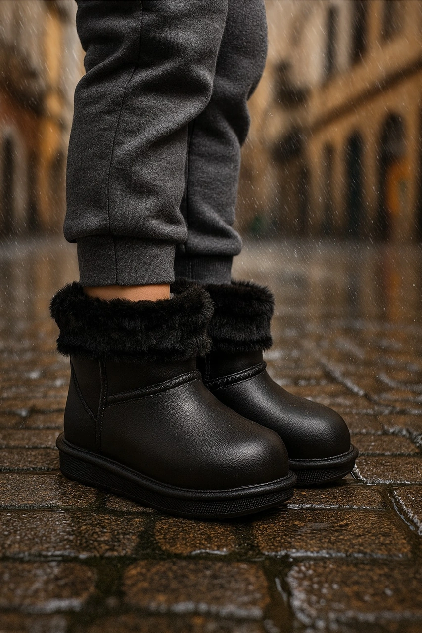 Su Geçirmez İçi Kürklü Kız Çocuk Eva Yağmur Kar Botu Siyah