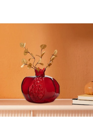 Vkemall Kırmızı Cam Nar Şekilli Masaüstü Süs Vazosu - Su Bitkileri Ve Yapay Çiçekler İçin Sabit Tabanlı Dekoratif Saksı
