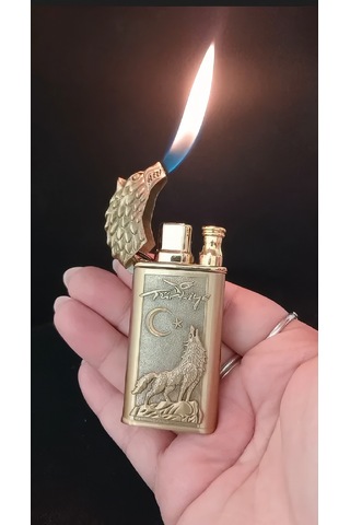 Gold Kaplama Kurt Figürlü Türkiye Temalı Jet Alevli Çakmak Çok Renkli