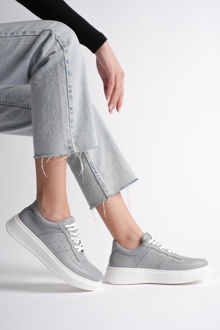 Analin Shoes Kadın Hakiki Deri Sneaker Bağcıklı Spor Ayakkabı Gri