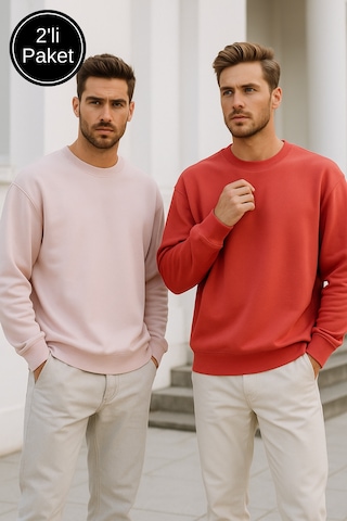 Rich Erkek 2'li Paket Nar Çiçeği - Pudra Bisiklet Yaka Scuba Basic Sweatshirt Pudra
