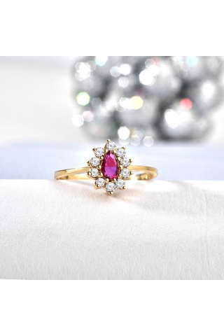14 Ayar Mikron Altın Kaplama Kırmızı Taşlı Damla Halo Yüzük Vintage Still - Rs00118 Altın
