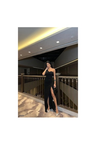Lior Design Kadın Şık Model Tek Omuz Yırtmaçlı Abiye Elbise Siyah