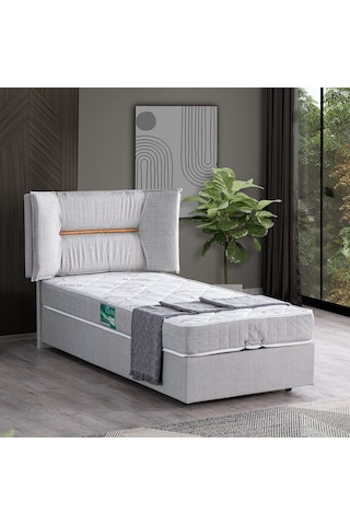 Setaymobilya Baza, Lizbon Tek Kişilik Baza + Başlık + Comfort Yatak, Açık Gri