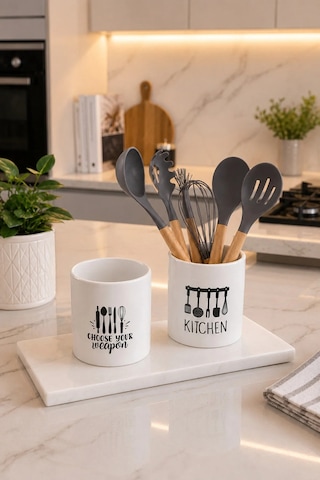 Beyaz Porselen Loza Kaşıklık Mutfak Üstü Organizer
