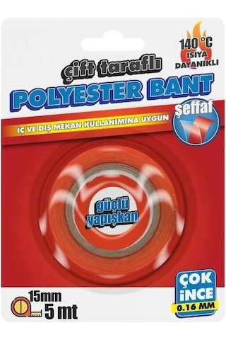 Çift Taraflı Polyester Bant 140 Derece Isıya Dayanıklı15mmx5mt- 0,16mm İncelik
