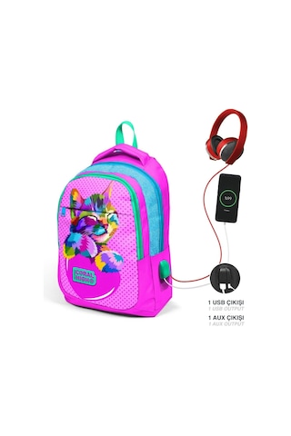 Coral High Kız Çocuk Pembe Sevimli Kedi İlk Ve Orta Okul Ve Beslenme Çantası Seti Usb Soketli