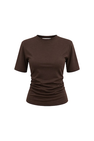 Mixray 2095 Kadın Büzgü Detaylı Arkası Yırtmaçlı Basic T-shirt Kahve Kahverengi