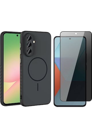 Vendas Samsung Galaxy Uyumlu  A56 Kılıf M-safe Şarj Özellikli Zore Tea Kapak + Hayalet Ekran Koruyucu Siyah